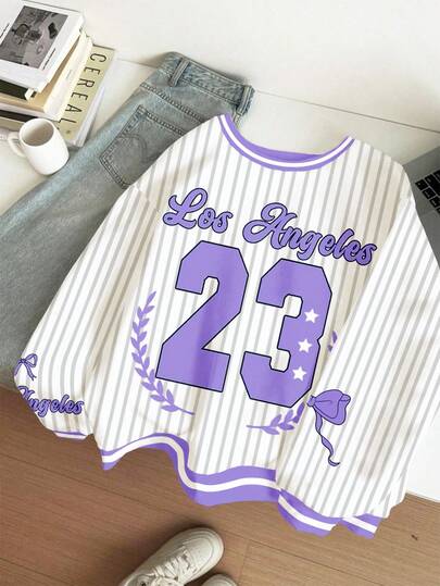 SHEIN Retro Y2K Sporty, Bright Purple Bow Striped Letter Number 23 Jersey Print, Tween Girl Casual Loose Fit Crew Neck Comfortable Long Sleeve Sweatshirt, Suitable For Autumn/Winter