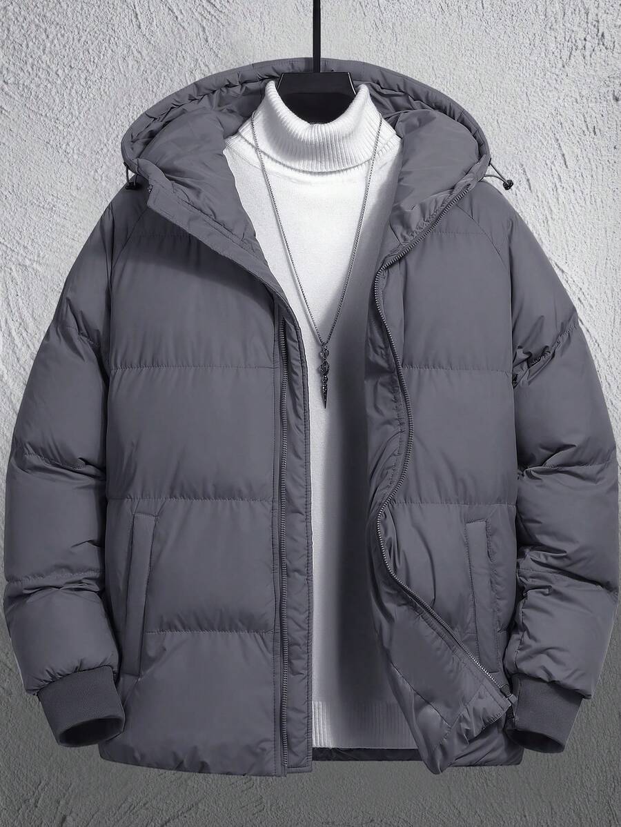 Manfinity Homme Áo khoác nam dáng rộng, có mũ trùm đầu, khóa kéo, tay dài, không lót lông, không kèm áo len, áo khoác mùa đông nam, áo khoác ngoài mùa đông. - Màu xám đen - Xem 1