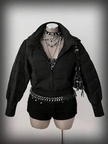 Sunspun Plus Size Hooded Collar Cinched Waist Long Sleeve Padded Coat - Black - View 3