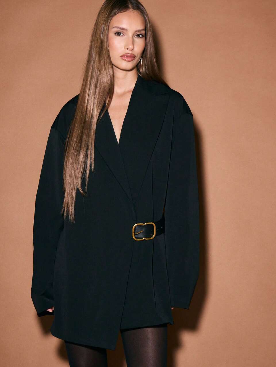 KIZN Deep V Neck Long Sleeve Mini Blazer Dress With Belted Waist Detail For Formal Office Party Occasions