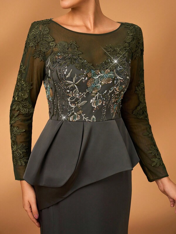 Serin Elegant Luxurious Pearl Sequin Lace Patchwork Elastic Satin Slit Fishtail Dress With Sheer Long Sleeves, Suitable For Weddings, Parties, Vacations, Galas, Bridal & Mother Of The Bride Dresses