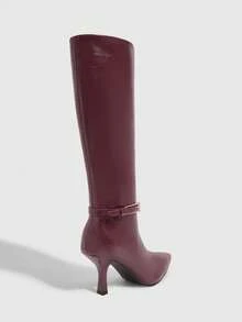 CUCCOO SZL Women's Fashionable Burgundy Buckle Knee-High Elegant Heeled Boots - Burgundy - View 4