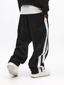 SUMWON Loose Fit Track Pants With Side Tape Stripe Joggers Casual Streetwear Athletic Sweatpants Winter Fall - Black - View 2