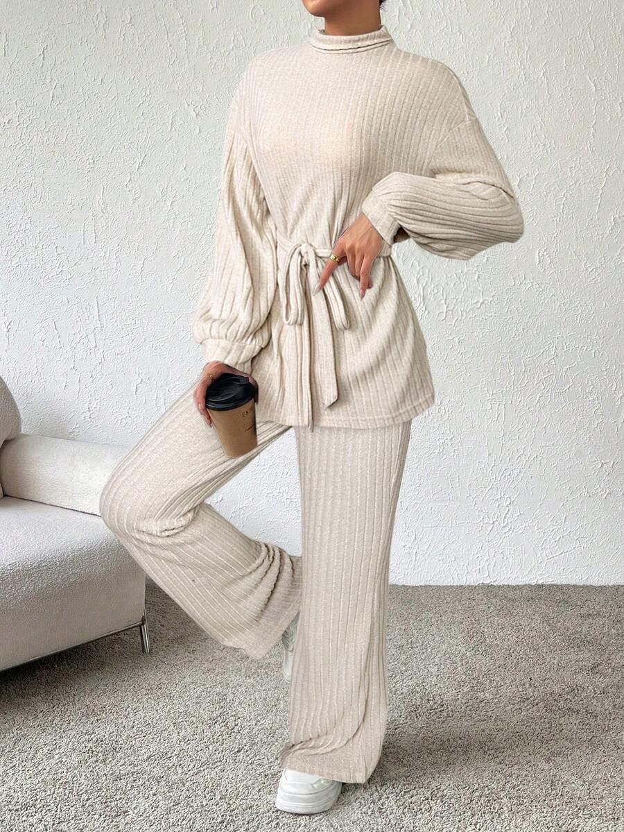 SHEIN Essnce 2pcs Women Casual Basic Long Sleeve Top & Pants Set Modest Two Piece Set Two Piece Lounge Set Beige Two Piece Set Comfortable Two Piece Set - Apricot - View 1