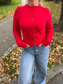 Jeta Ari Damen eleganter einfarbiger Rundhals-Knopfverschluss Langarm Lässig Pullover, vielseitig einsetzbar für Weihnachten, Alltagstragen, Business Lässig, gestrickter Pullover für Herbst/Winter - Rot - Übersicht 3
