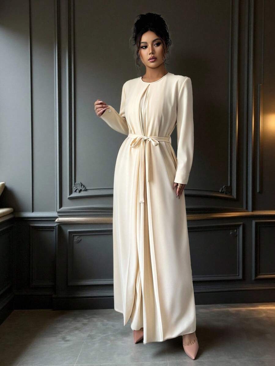 SHEIN Elenzya Elegant Romantic Pleated A-Line Long Sleeve Round Neck Dress For Women