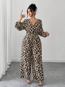 Elenzga 时尚秋冬法式复古休闲通勤束腰V领豹纹连体裤 - 咖啡棕 - 查看 4