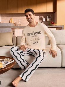 SHEIN Provexi Letter Print Crew Neck Long Sleeve Top & Wavy Pants Men Pajama Set Fall Winter Clothes - Apricot - View 1