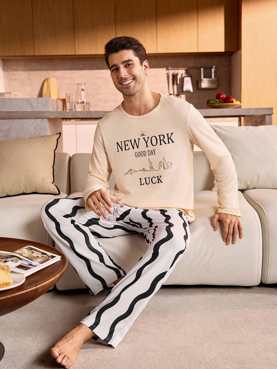 SHEIN Provexi Letter Print Crew Neck Long Sleeve Top & Wavy Pants Men Pajama Set Fall Winter Clothes - Apricot - View 1