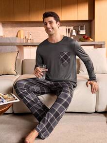 Provexi Provexi Plus Size Men's Comfortable Plaid Pocket Long Sleeve Top And Pants Pajama Set, Autumn, Christmas - Dark Grey - View 1