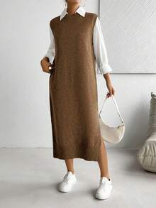 SHEIN LUNE Women's All-Match Versatile Commuter Long Dress - Coffee Brown - View 5