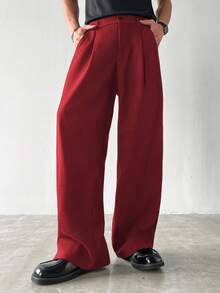 Claim Dot 男士休闲纯色斜口袋加厚阔腿裤，秋季 - 紅色 - 查看 3