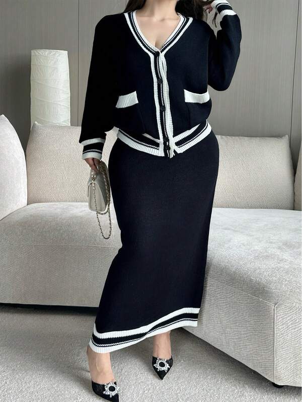 Vibekara Plus Size Women's Casual Elegant Solid Desire Front Button Front Pocket Black & White Striped Knit Cardigan & Maxi Dress 2-Piece Set, Suitable For Spring, Autumn & Winter, Intellectual Style Sweater Set, Casual Knit Set For Indoor & Outdoor Wear, Holiday Outfit, Great Halloween, Christmas Gift Navy Blue Abaya Dubai Baju Kurung Plussize