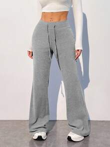 SHEIN EZwear 浅灰色加大码休闲舒适柔软高弹低腰裤 - 淺灰色 - 查看 3