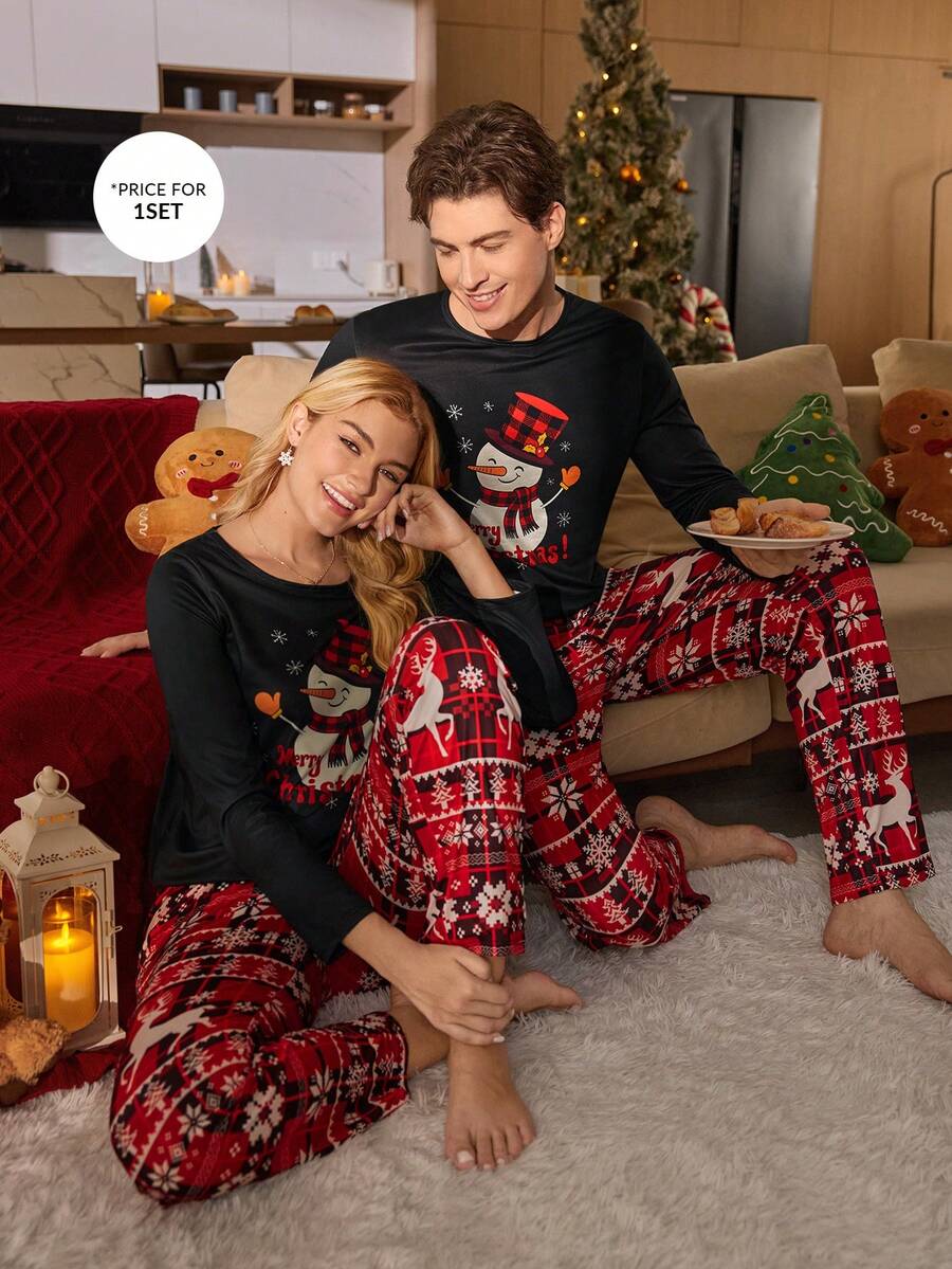 CoupledUp Christmas Plaid Cute Snowman Pattern Men's Pajama Set Fall Winter Clothes Pj Sets For Women Couple Matching Pajamas Set Sleep Wear Sets - Multicolor - View 1
