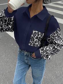 Siren Gaze 女士豹纹拼布长袖休闲衬衫，简约复古风女衬衫，街头风女衬衫，豹纹衬衫 - 藏蓝色 - 查看 5