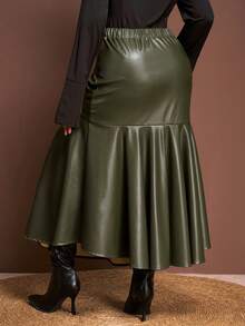 Veslaya 2026秋冬新款优雅复古浪漫波西米亚经典性感复古风女装日常、约会、外出、派对橄榄绿PU紧身鱼尾裙，大码下装 - 軍綠色 - 查看 2