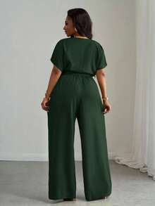 Slaydiva Nuevo llegado de primavera/verano, elegante y apropiado para ir a la oficina, fiestas, clubes y actividades al aire libre. Conjunto de 2 piezas para mujer talla grande con top corto holgado de hombros caídos y cordón ajustable, y pantalones de pierna ancha con bolsillos, en color verde. - Verde militar - Ver 3