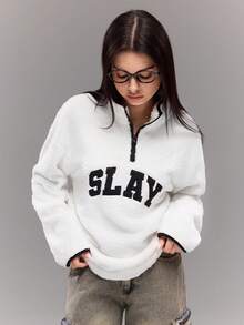 Teen GirlCasual Street Style Letter Embroidered Contrast Color Fleece Pullover Sweatshirt, Versatile For Student Autumn/Winter