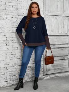 EMERY ROSE 大码女式纯色条纹拼布圆领宽松休闲长袖 T 恤，秋季女装 - 藏蓝色 - 查看 3