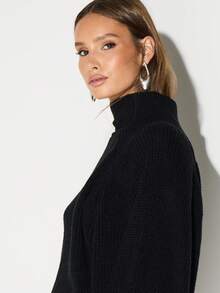 KIZN 高领长袖粗针织毛衣连衣裙迷你长款冬季秋季舒适套头衫 - 黑色 - 查看 5