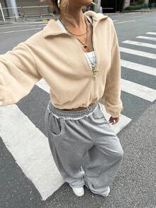 SHEIN Áo khoác lông cừu cổ đứng thoải mái, tối giản, rộng rãi, phù hợp cho thanh thiếu niên, mùa thu/đông - Màu be - Xem 5