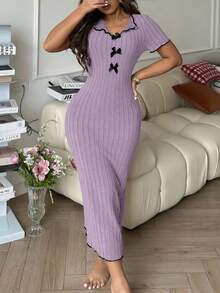 SHEIN 优雅蝴蝶结撞色针织连衣裙家居服 - 淡紫色 - 查看 6