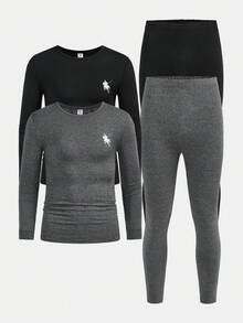 SHEIN Teen Boys' Black & Grey Minimalist Fitted Base Layer, Comfortable & Warm, Casual Collegiate Style, Versatile & Practical, Soft Fabric, Suitable For Daily Wear, School, Outings, Outdoor Activities, Autumn/Winter - Multicolor - View 5