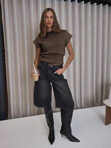 MUSERA 收腰露脐船领短袖针织上衣，可爱优雅性感街头风，适合夜间外出、晚宴派对等场合，春季必备。 - 巧克力棕 - 查看 3