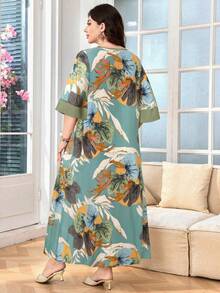 SHEIN Lacomfia 大码女式宽松休闲阿拉伯风格拼接圆领七分袖连衣裙 - 彩色 - 查看 2