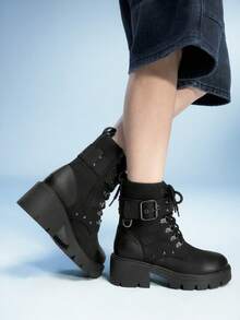 Sugerpunk 女式休闲扣环粗跟摩托车踝靴 - 黑色 - 查看 2