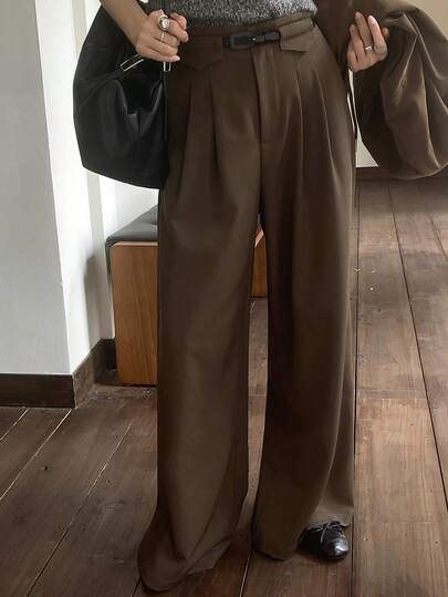 DAZY 女士宽松阔腿裤，休闲长裤，配腰带，纯色，适合秋冬季商务着装