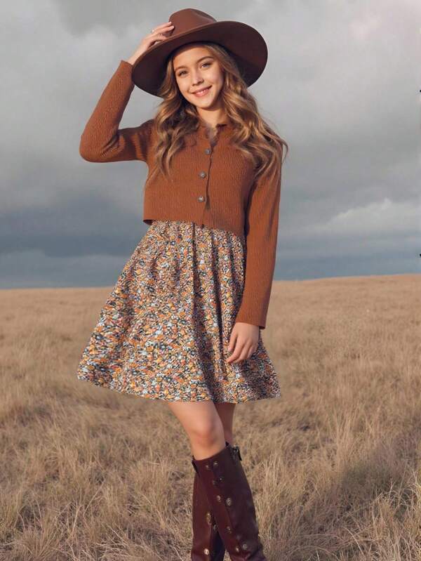 SHEIN Teen Girls Casual Woven Long Sleeve Shirt Top And Ditsy Floral Slip Dress 2-Piece Set/Christmas,Holiday/Family Day/Happy New Year