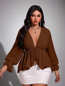 Viva Relle Plus Size Chiffon Sexy Bow Blouse - Brown - View 4