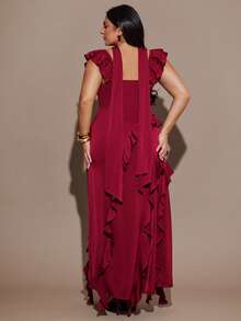 SHEIN BAE 大码女式酒红色荷叶边下摆开衩连衣裙，优雅连衣裙 - 酒紅色 - 查看 9