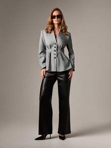 AiiRZ Herringbone Cinched Waist Padded Shoulder Professional Business Office Blazer For Fall Winter - Grey - View 3