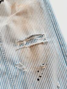 ROMWE MEN Street Life Men's Striped Pocket Punk Wide Leg Distressed Loose Fit Jeans - Light Wash - View 3
