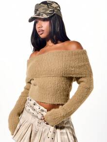 SUMWON WOMEN Off-Shoulder Langarm Strick-Oberteil, flauschig strukturierter Crop Pullover für Herbst und Winter, gemütlicher Pullover - Khaki - Übersicht 5
