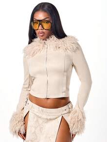 SUMWON WOMEN Cropped Fur Trim Jacket With Zip Closure And Feather Details Winter Outerwear Fashion Statement Piece - Apricot - View 6