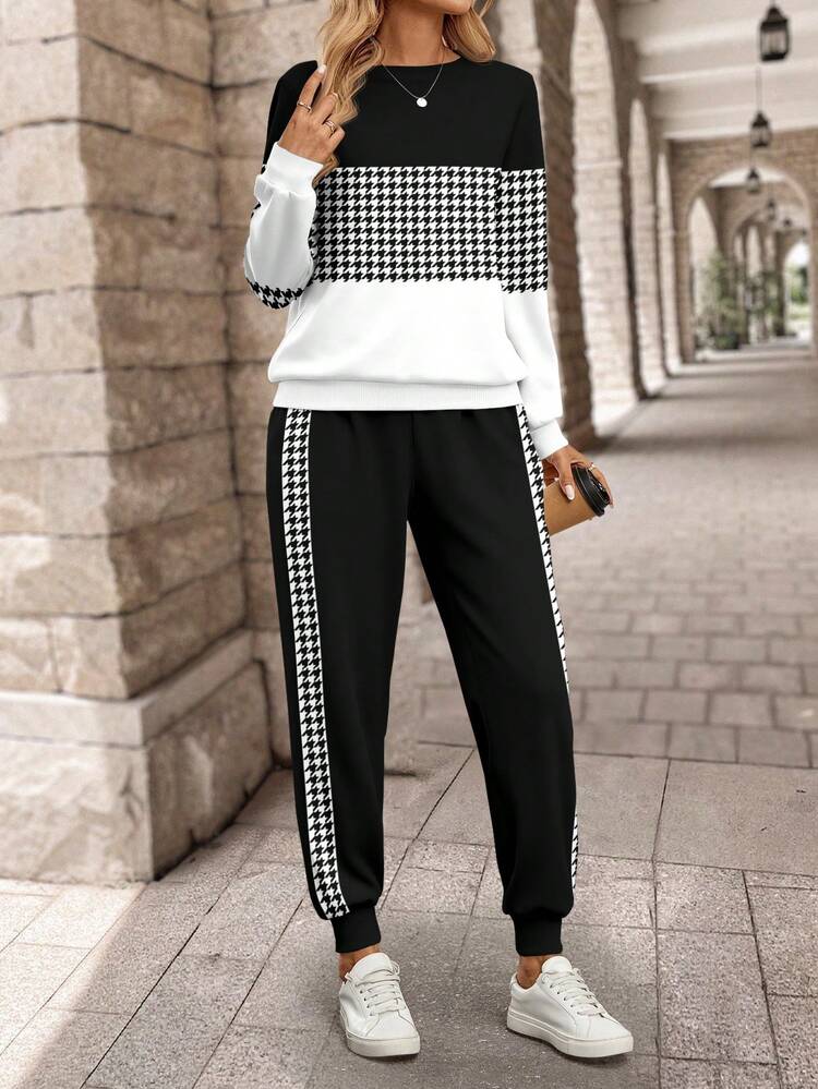 Women's Long Sleeve Leopard Print Patchwork Sweatshirt And Long Sweatpants Winter Sets Two Pieces Set Women