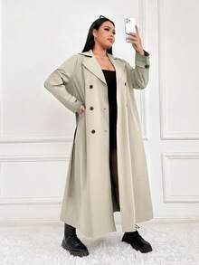 SHEIN EZwear 大码女式纯色翻领长袖双排扣长款休闲风衣夹克，秋季 - 卡其色 - 查看 4