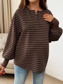 SHEIN Maternity Striped Button Half-Placket Drop Shoulder Long Sleeve Casual T-Shirt Brown Blouses For Women Coffee Brown Top Modest Tops For Women Dark Brown Top Brown Long Sleeve Top
