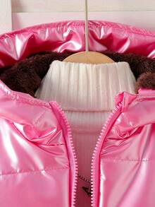 Elladie kids Young Girl' Casual Pink Metallic Coated Quilted Padded Long Sleeve Padded Coat, Warm For Winter - Hot Pink - View 3
