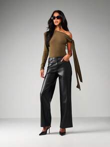 MISSGUIDED One Shoulder Draped Bodysuit With Long Sleeve Tie Detail For Evening Party Occasions - Army Green - View 4