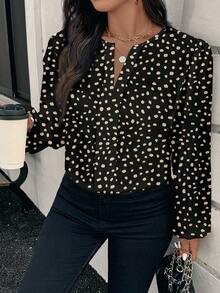 EMERY ROSE Plus Size Women V-Neck Long Sleeve All-Over Print Casual Shirt - Black - View 4