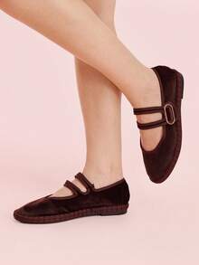 CUCCOO DOLLMOD Women's Dark Brown Elegant Velvet Classic Comfortable Velvet Parallel Double Strap Mary Jane Flat Shoes Spring Shoes - Brown - View 6