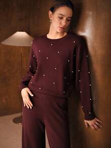 MOTF PREMIUM CHIC 2 PIECES KNIT SET: DROPPED SHOULDER FAUX PEARL EMBELLISHED SWEATER & WIDE LEG KNIT PANTS, AUTUMN/WINTER - Coffee Brown - View 6