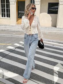 Serisse Áo cánh tay đèn lồng khoét sâu gợi cảm có dây buộc phía trước họa tiết hoa cho nữ - Màu be - Xem 7