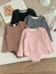 SHEIN Bộ 4 áo liền quần tay dài màu trơn dệt kim dễ thương cho bé gái, bộ đồ liền quần mùa thu/đông cho bé gái, quần áo liền quần cho bé gái, quần áo dài tay màu trung tính cho bé gái, quần áo cho bé gái mùa thu - Nhiều màu - Xem 6
