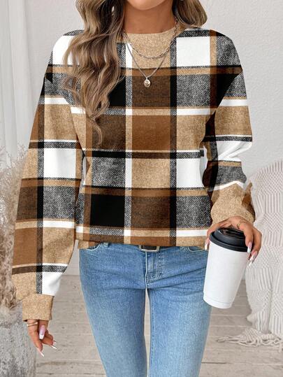 SHEIN LUNE Casual Retro Plaid Pattern Warm & Comfortable Printed Round Neck Loose Fit Long Sleeve Sweatshirt For Women, Autumn/Winter Christmas,Casual